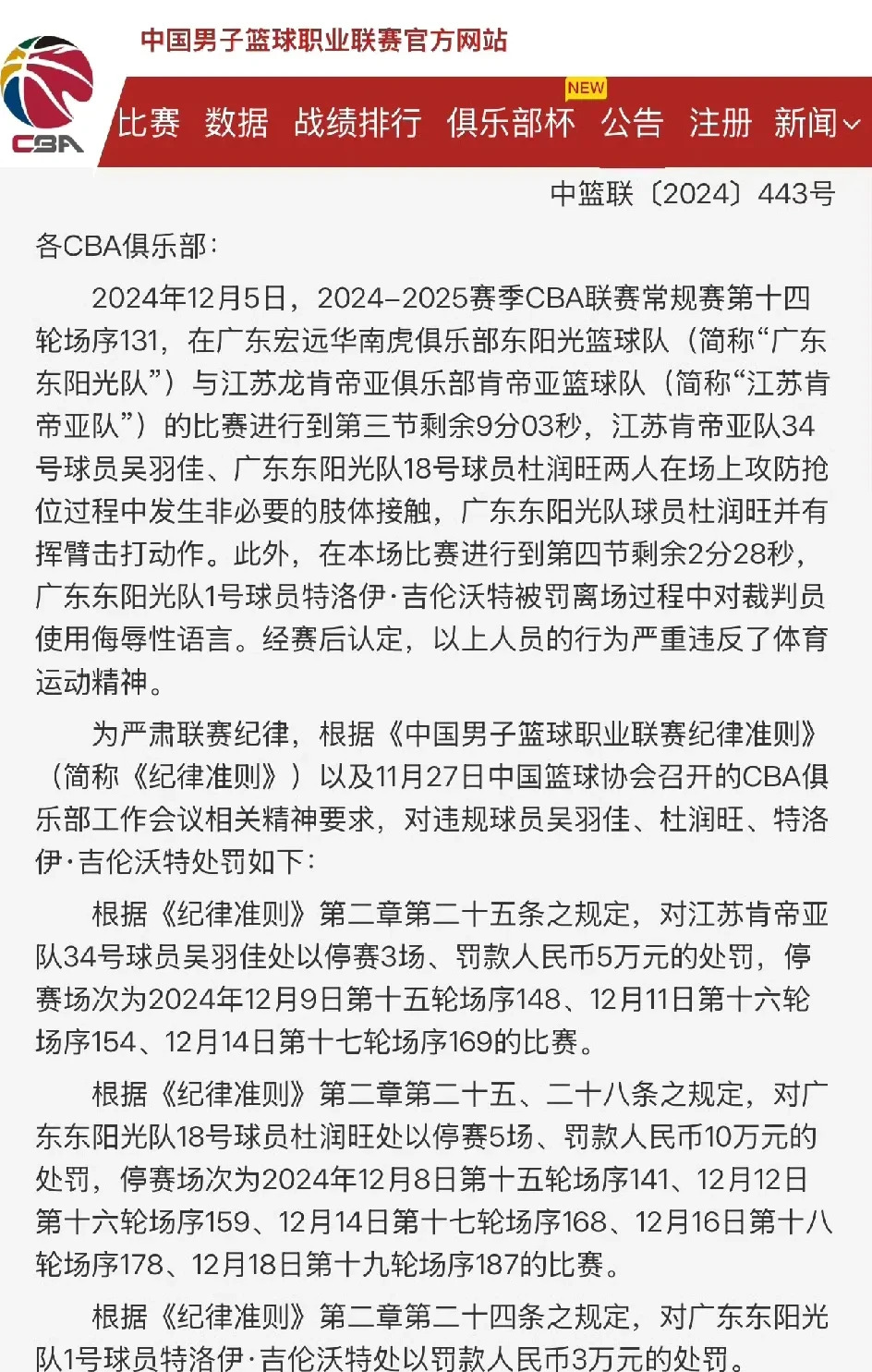 CBA球员因球场行为遭遇罚款处罚